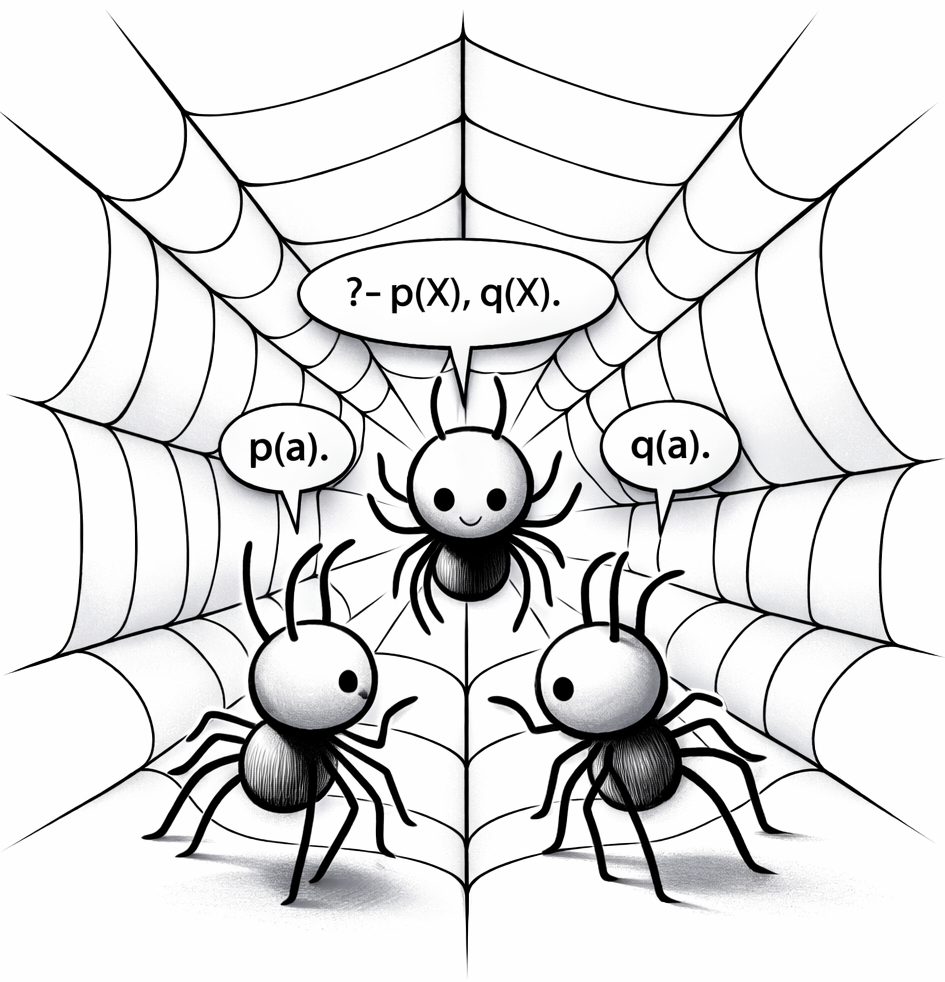 Three spiders in a web with Prolog goals.